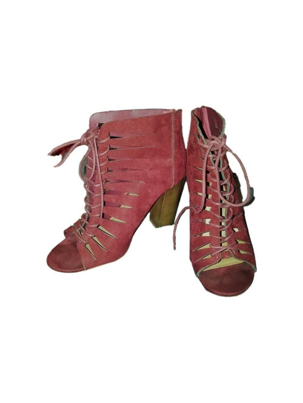 Bamboo EMBARK-25S Size 9 Burgundy Lace Up Cutout Block 4" Heel Booties Peep Toe